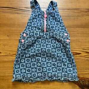 Little Lass blue denim checkered flower overall skirt SIZE 4